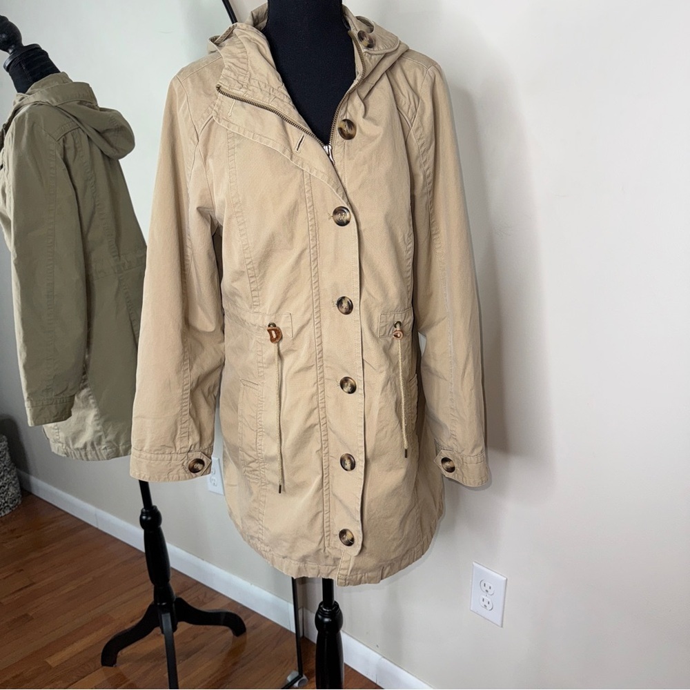 LL Bean Woman’s Khaki Hooded Utility Jacket Cotten Size M Petite